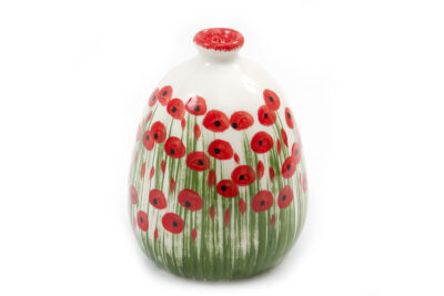 Glinena posuda za čuvanje soli sa žličicom, oslikana, motiv poljskih makova