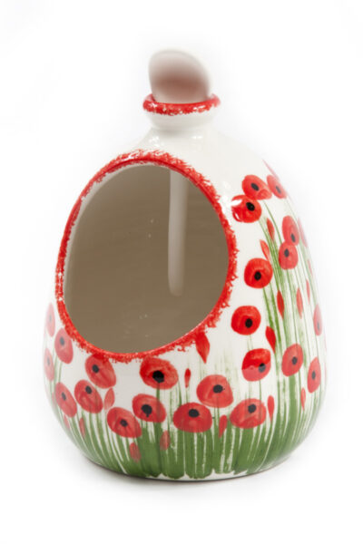 Glinena posuda za čuvanje soli sa žličicom, oslikana, motiv poljskih makova